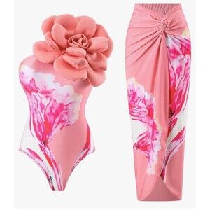 swim set One-Piece 3D Flower Swimsuit With Matching Wrap/Skirt peach pink Large